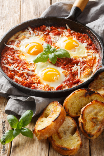 Frying pan with eggs in purgatory closeup on wooden background. Vertical