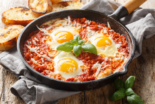 Tableau sur toile Eggs in purgatory with tomato basil garlic sauce and a sprinkling of Parmesan closeup on the skillet on the wooden table