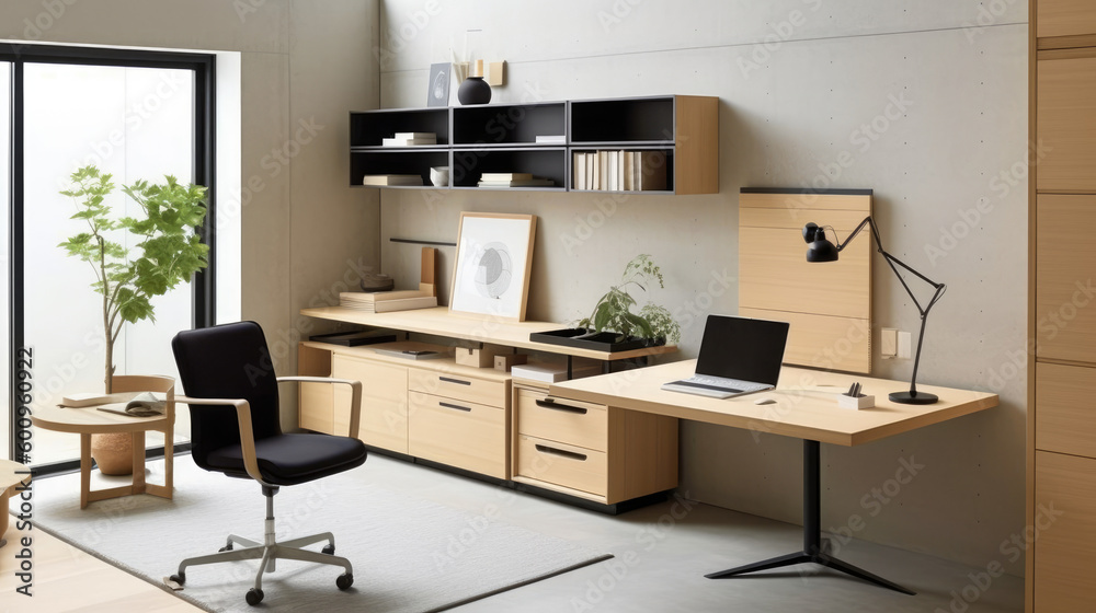 Minimalist Japanese Home Office, The space is clean and uncluttered with neutral colors and natural materials Minimalist Japanese Home Office, The space is clean and uncluttered with neutral colors and natural materials