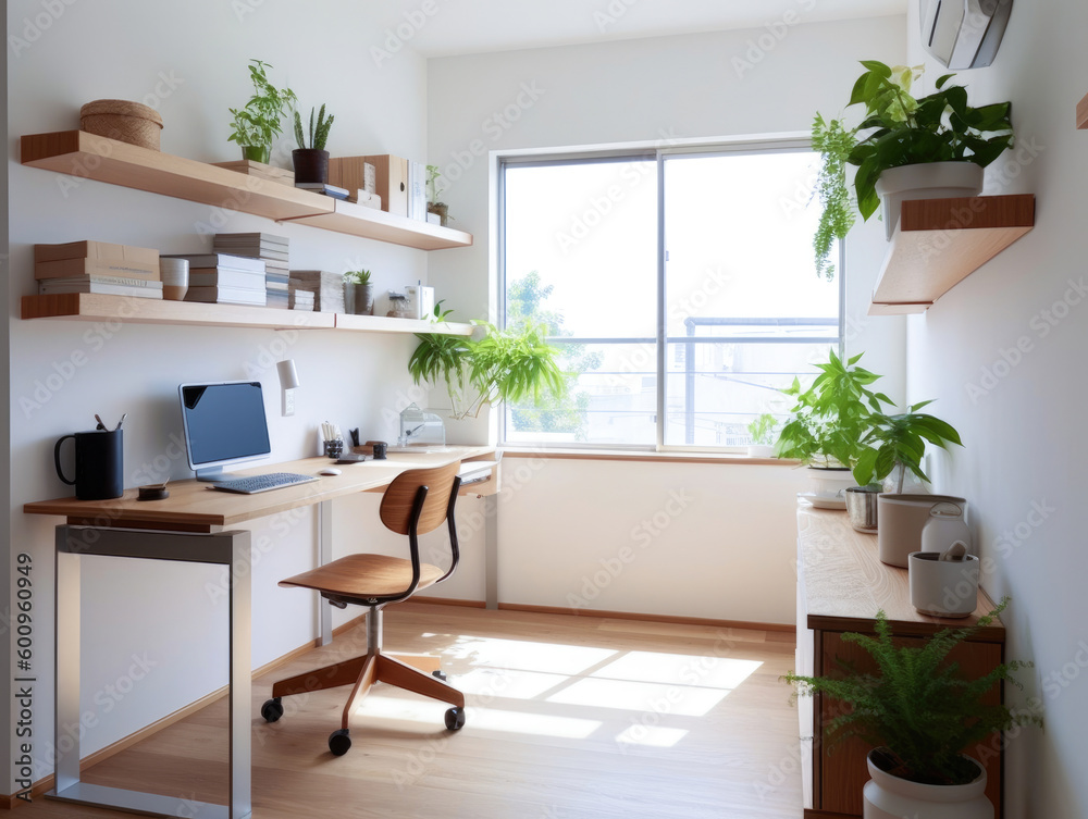 Fototapeta premium Minimalist Japanese Home Office, The space is clean and uncluttered with neutral colors and natural materials