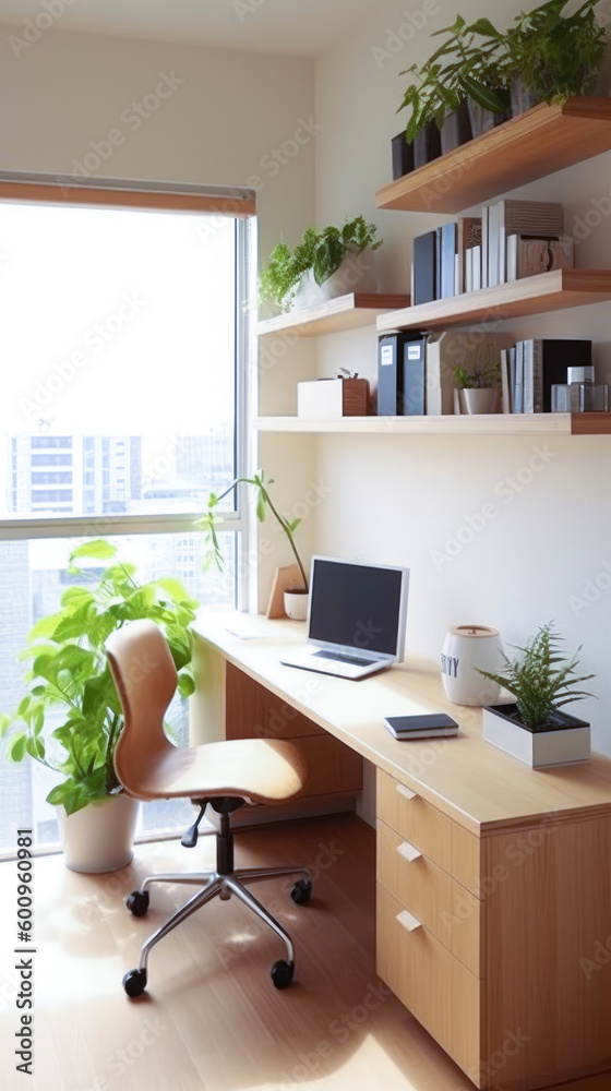Minimalist Japanese Home Office, The space is clean and uncluttered with neutral colors and natural materials Minimalist Japanese Home Office, The space is clean and uncluttered with neutral colors and natural materials