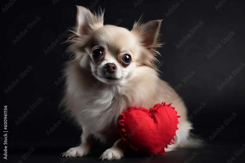 Cute little dog is hugging red heart generative ai Cute little dog is hugging red heart generative ai