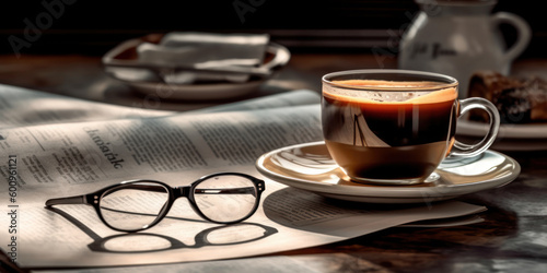 coffee and newspaper, a cup of coffee  on a table, photorealism,  closeup photo, generative ai