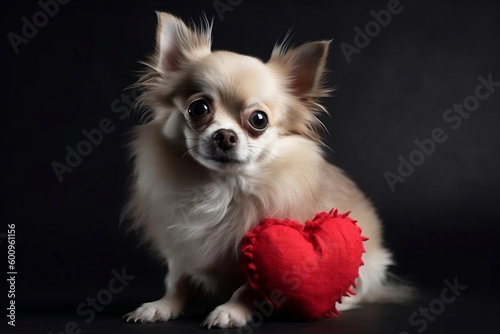 Cute little dog is hugging red heart generative ai