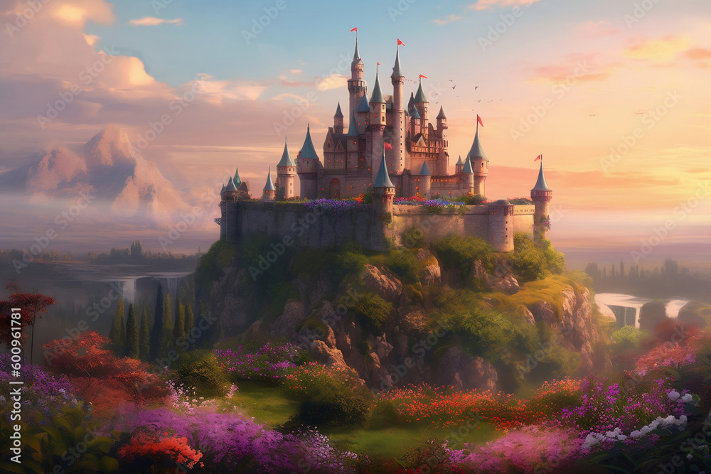 A magical romantic and blooming land with magnificent castle generative ai