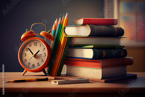 Stacked books with alarm clock and pencils on table. Generative Ai