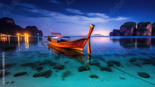 Longtail boat anchored in the sea, with the landscape of the archipelago visible in the background. Thailand. Generative AI