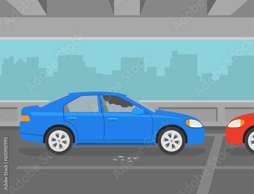 Fototapeta Naklejka Na Ścianę i Meble -  Car theft safety. Crime scene in a parking garage. Smashed car side window view. Flat vector illustration template.
