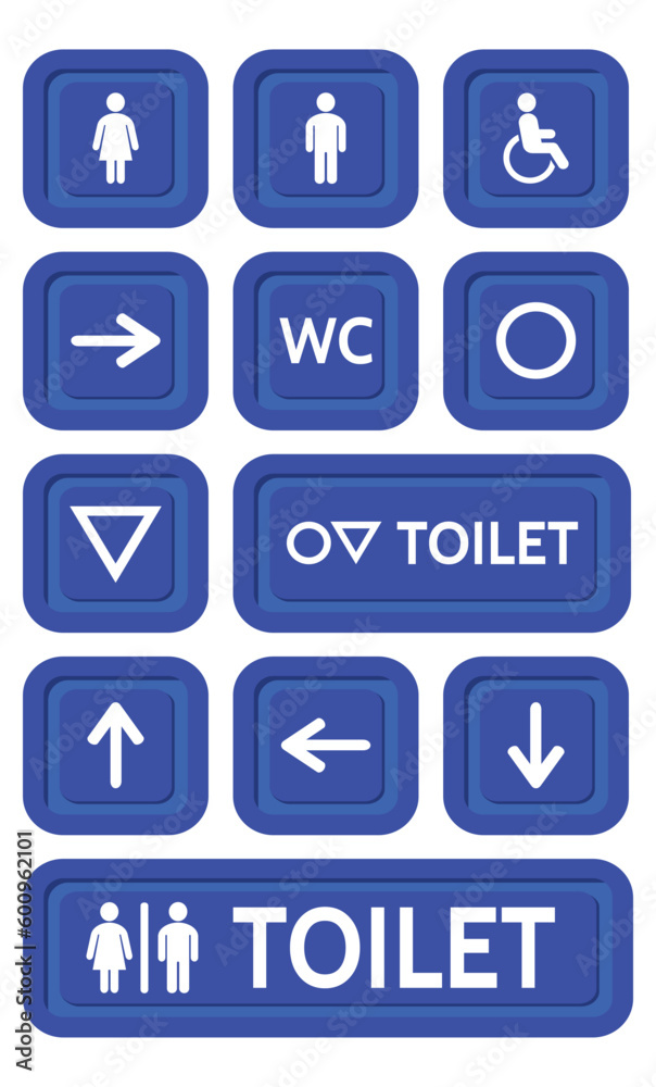 The blue signs set to the toilet. Various symbols with silhouettes of the toilet. 