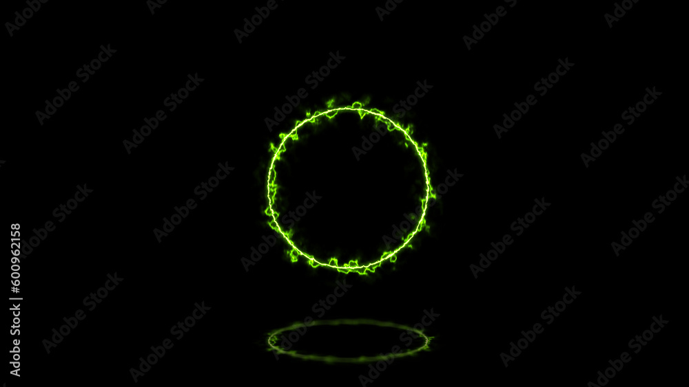 Green ring on a black background. 3d image of abstract energy circle. Abstract neon background and luminous swirling. Glowing spiral cover. Green ring on a black background. 3d image of abstract energy circle. Abstract neon background and luminous swirling. Glowing spiral cover.