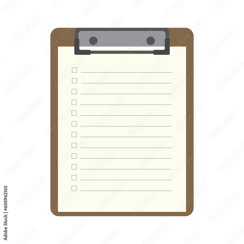 Clipboard with checklist vector illustration on white background.Clipboard is for writing notes, drawing sketches or clipping papers for writing when on the move.School,office supplies and stationery. Clipboard with checklist vector illustration on white background.Clipboard is for writing notes, drawing sketches or clipping papers for writing when on the move.School,office supplies and stationery.