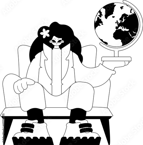 The energized lady with the globe. Learning subject. Forlorn and white line craftsmanship. Trendy style, Vector Illustration