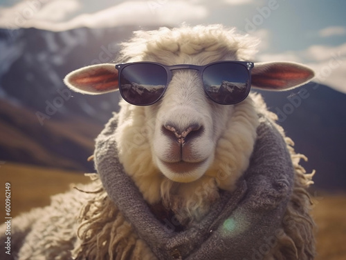 close up of a cool camel sheep with sunglasses in mountains. Generative ai