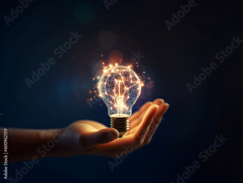 Idea symbol hologram in hand for bussiness with the help of technology. Generative ai