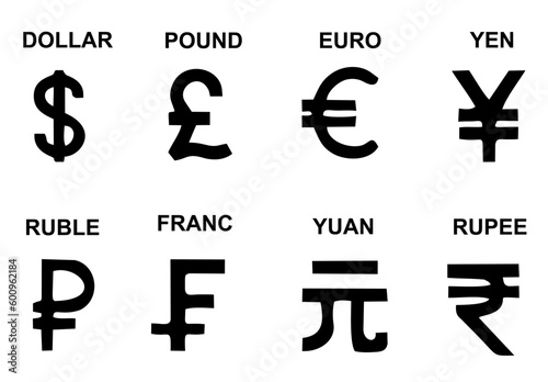 Popular currency icon symbol set isolated on transparent background. Black & white currency signs