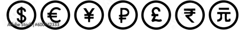 International currency symbol icons collection. currency signs round outline vector illustration. Black & white icons
