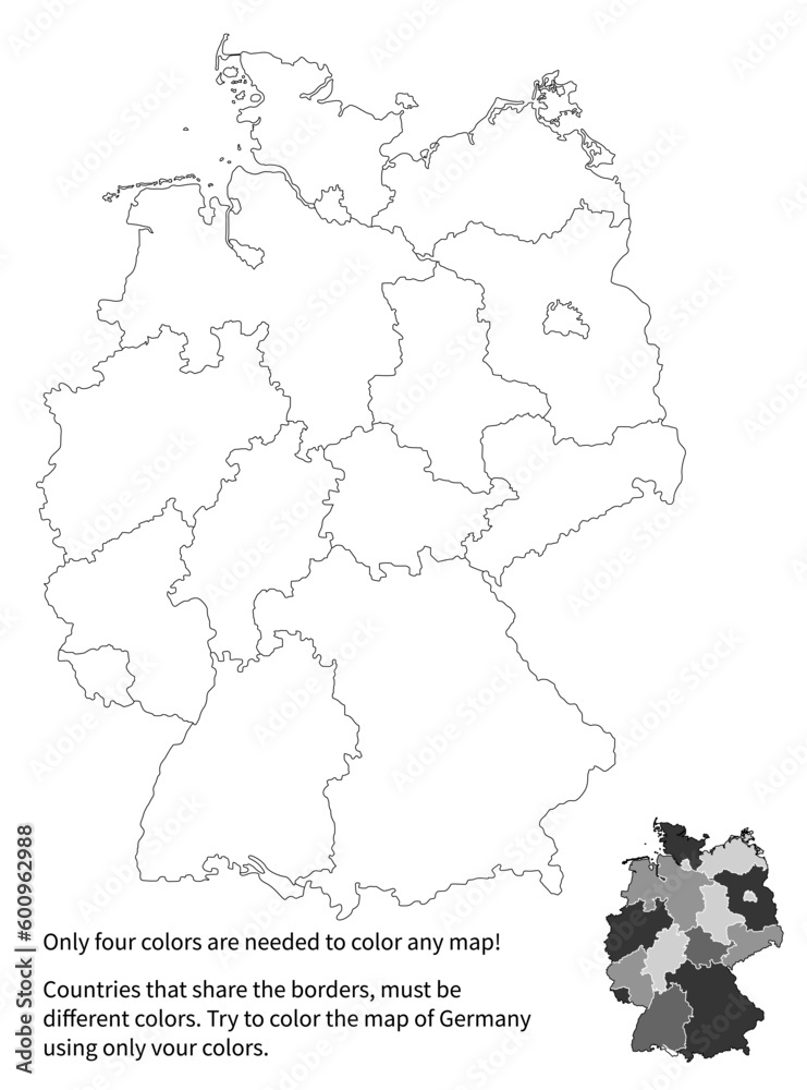 Map of Germany vector illustration with white federal states and black borders. Each state is separated on layer and could be interactive colored. Try to color with four colors. Children education.