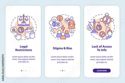 Reproductive choice barriers onboarding mobile app screen. Safe care walkthrough 3 steps editable graphic instructions with linear concepts. UI, UX, GUI template. Myriad Pro-Bold, Regular fonts used