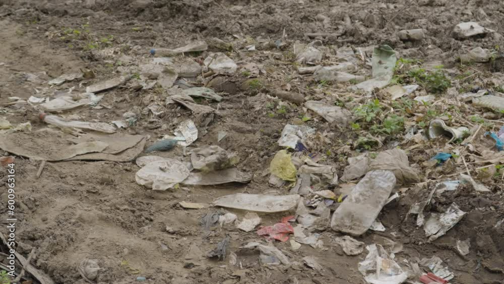 Panning shot shows plastic waste in forest polluting natural beauty