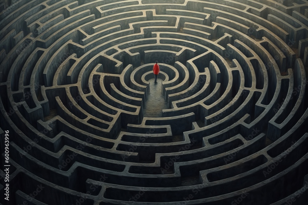 the man reaches end of maze. Generative AI.