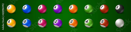 Isolated pool white ball vector illustration vector set. Snooker or billiard sport game colorful balls with seven, three, fifteen and ten numbers and stripe. 3d spherical equipment icon for gambling