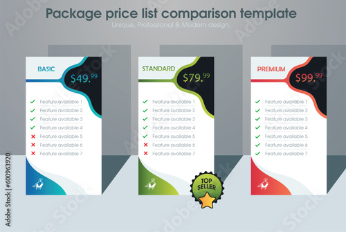 3 pricing plan templates with different options and packages. Professional look can be used on websites, posts or any other advertising projects for small or big companies. Corporate colorful vector.