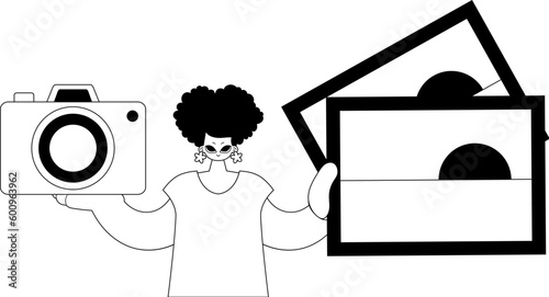 The energized lady is holding photographs and a camera. Tourism subject. Dim and white line craftsmanship. Trendy style, Vector Illustration