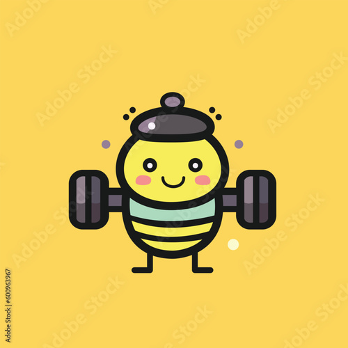 A yellow illustration of a bee with a green striped shirt.