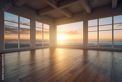 Creative interior concept. Wide large window oak wooden room gallery opening to beach sunset landscape. Template for product presentation. Mock up