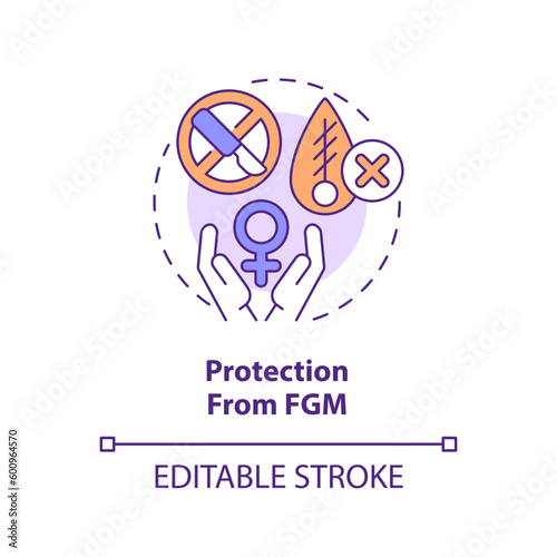Protection from FGM concept icon. Female genital mutilation. Violence against women. My body. Reproductive health abstract idea thin line illustration. Isolated outline drawing. Editable stroke