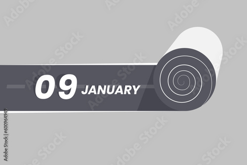 January 9 calendar icon rolling inside the road. 9 January Date Month icon vector illustrator.
