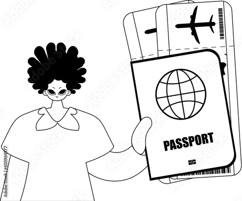 The person is holding a all comprehensive id with see at tickets. Tourism subject. Forlorn and white line craftsmanship. Trendy style, Vector Illustration