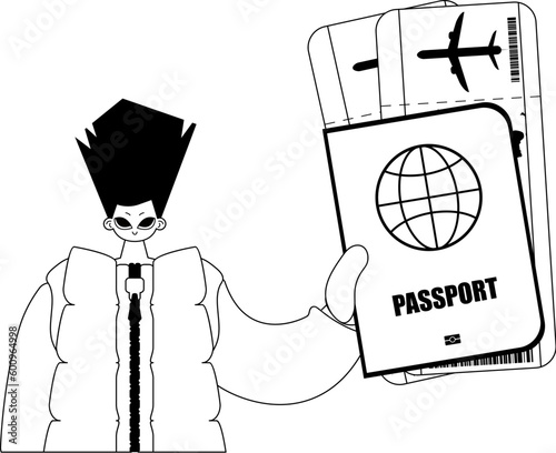 The individual is holding a all comprehensive id with see at tickets. Tourism subject. Miserable and white line craftsmanship. Trendy style, Vector Illustration