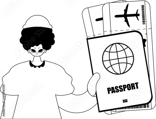 The individual is holding a all comprehensive id with see at tickets. Tourism subject. Miserable and white line craftsmanship. Trendy style, Vector Illustration