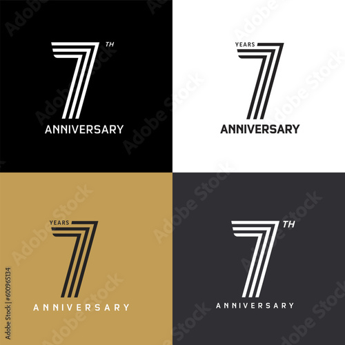 7 years anniversary vector number icon, birthday logo label, black, white and colors stripe number