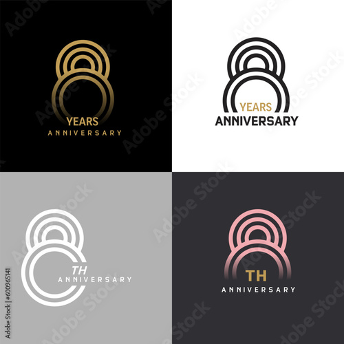 8 years anniversary vector number icon, birthday logo label, black, white and colors stripe number