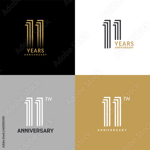 11 years anniversary vector number icon, birthday logo label, black, white and colors stripe number
