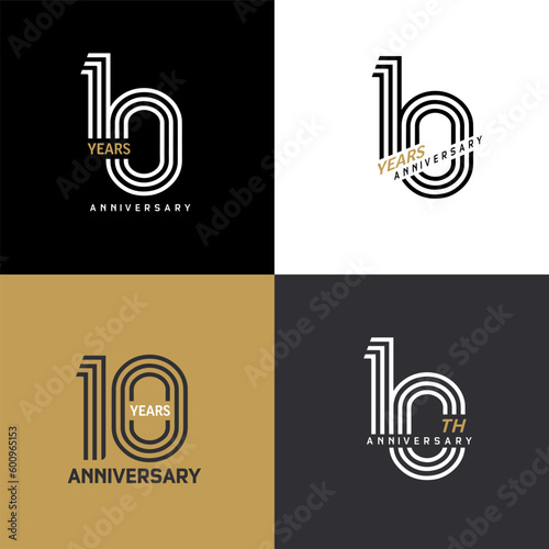 10 years anniversary vector number icon, birthday logo label, black, white and colors stripe number