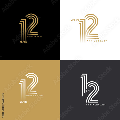 12 years anniversary vector number icon, birthday logo label, black, white and colors stripe number