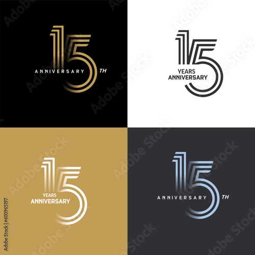 15 years anniversary vector number icon, birthday logo label, black, white and colors stripe number