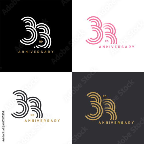33 years anniversary vector number icon, birthday logo label, black, white and colors stripe number