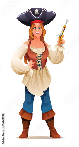 Cartoon woman pirate holding a pistol. Character design illustration