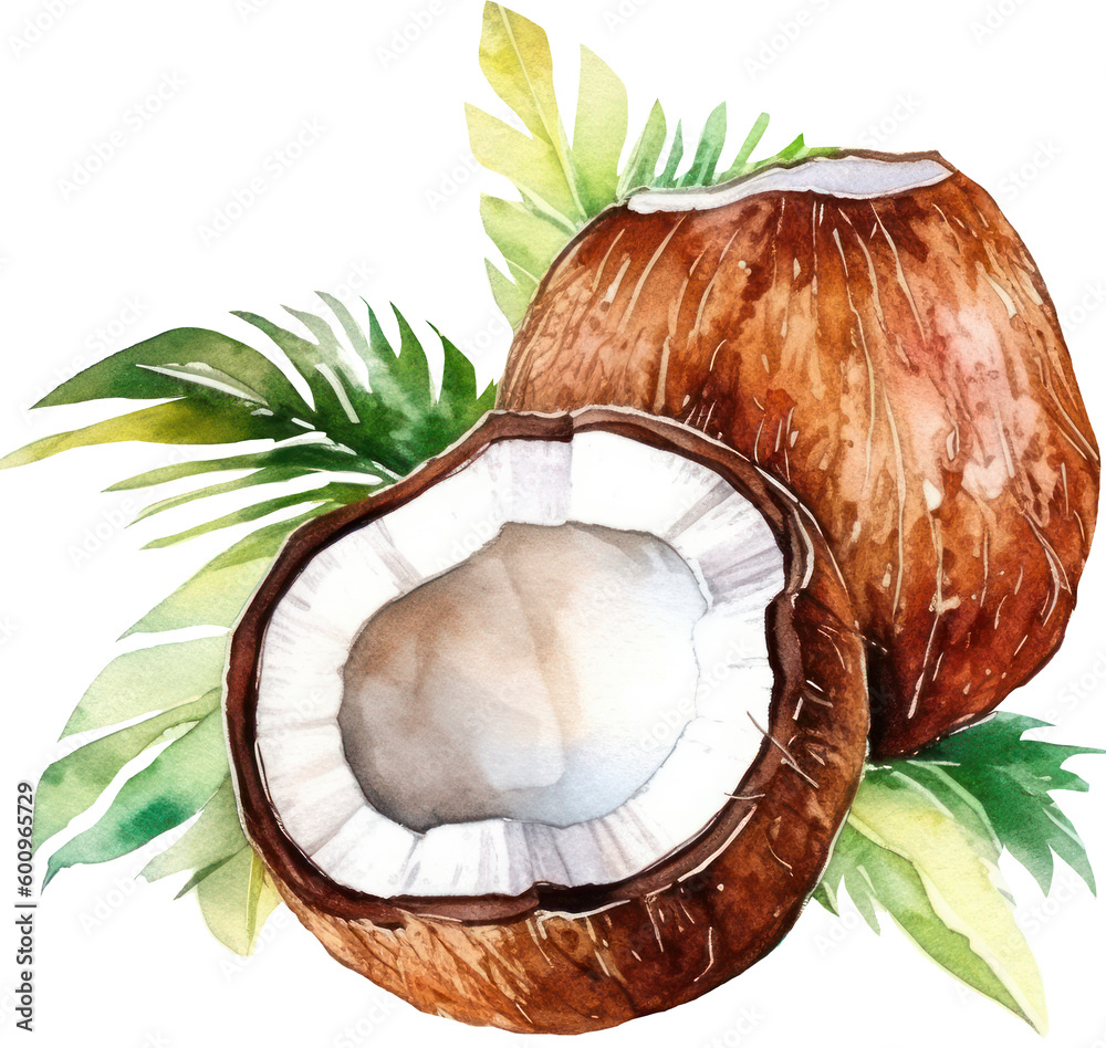 Coconut Fruit Watercolor. Generative AI - obrazy, fototapety, plakaty 