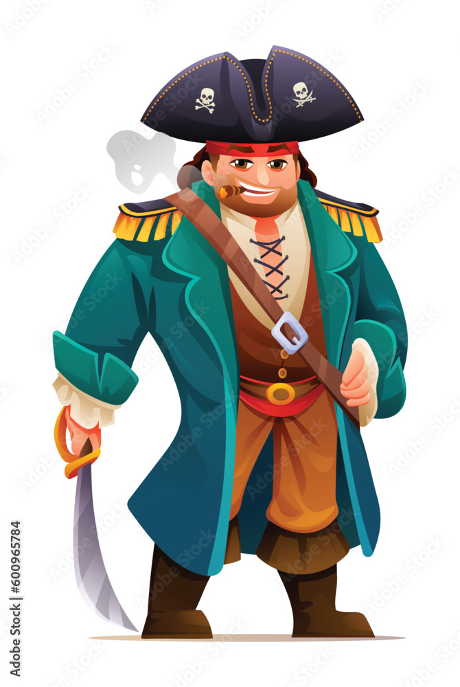 Pirate holding a sword. Cartoon character design illustration