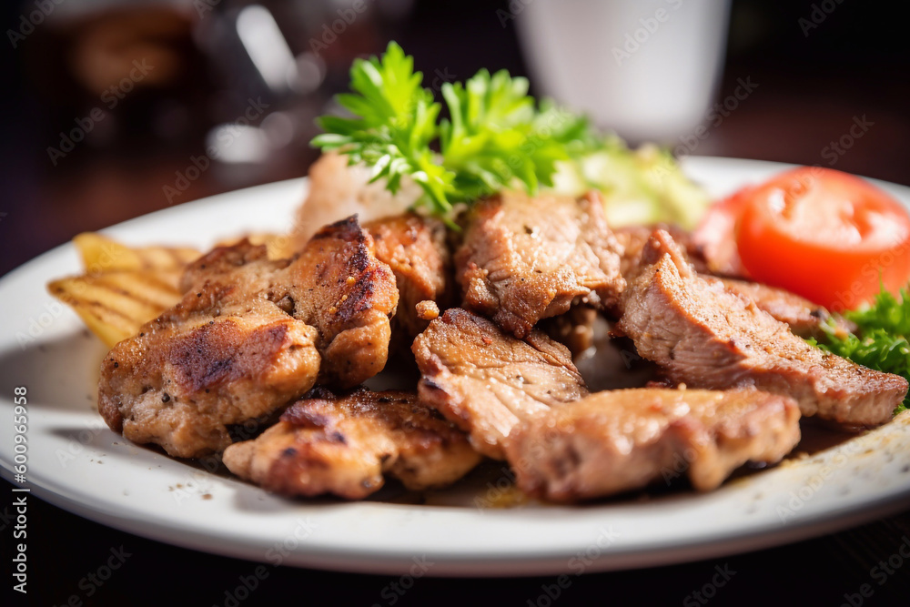 Roasted chicken on a plate with herbs created with Generative AI technology.