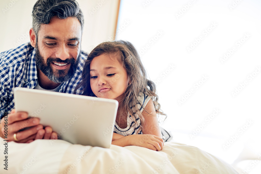 Father, child and tablet in family home for online games, reading ebook story or educational subscription on mockup. Dad, girl kid and connection on digital technology, web streaming or cartoon media