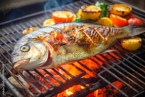 cooking fish Dorado on grill with vegetables, grilled fish BBQ. Good food. Generative AI