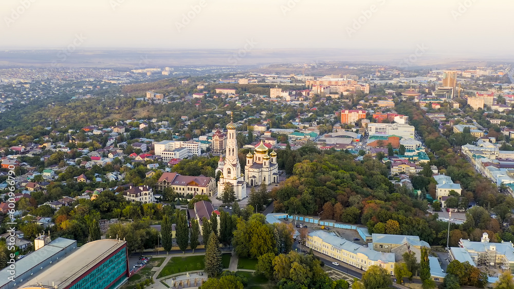 Stavropol, Russia - September 17, 2020: Cathedral of the Kazan Icon of the Mother of God in Stavropol. Sunset time, Aerial View
