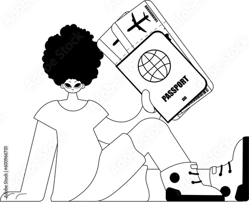 The individual is holding a all comprehensive id with see at tickets. Tourism subject. Pitiful and white line craftsmanship. Trendy style, Vector Illustration