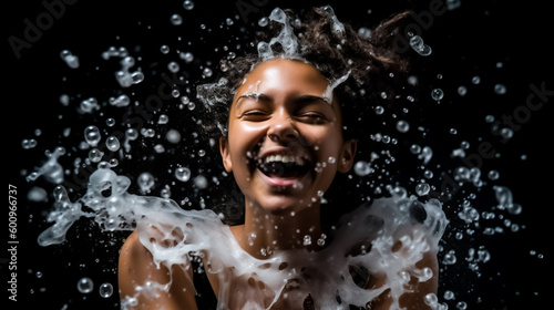 Beautiful woman splashing foam and bubbles into the air  isolated on black background. African American descent. Concept of shower and spa. Shallow field of view  illustrative Generative AI. 